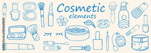 Fashion Makeup Line Art Set – Hand Drawn Cosmetics Elements, Beauty Accessories, Perfume, Brushes and Skincare Items Outline Vector Collection .  line art .Vector Illustration