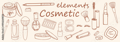 Beauty Routine Doodle Pack – Hand Sketched Cosmetics Collection with Lipstick, Eyeshadow, Mirror, Cream and Makeup Tools . Vector Illustration