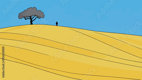 Person stands on a golden field under a blue sky near a lone tree in a rural area during daytime