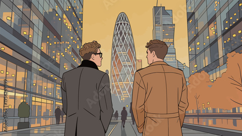 Two men walk together in a city near a modern building at twilight, enjoying the lights and urban life around them