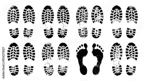Textured Grunge Shoe Print and Footprint Vector Set: Muddy Tread Marks and Stamp Patterns