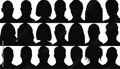 A grid displays eighteen diverse human head silhouettes showcasing various hairstyles and genders against.