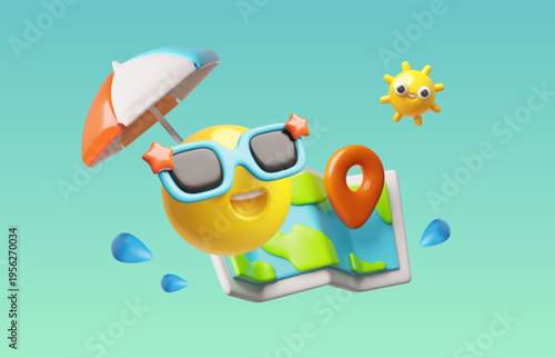 Time to travel, enjoy summer time 3D vector banner design, cartoon smiley emoticon in sunglasses, map with location mark