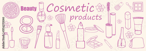 Modern Makeup Doodle Illustration Set – Hand Drawn Cosmetic Accessories, Beauty Products, Brushes, Nail Polish, Foundation Outline Vector Bundle . Vector Illustration