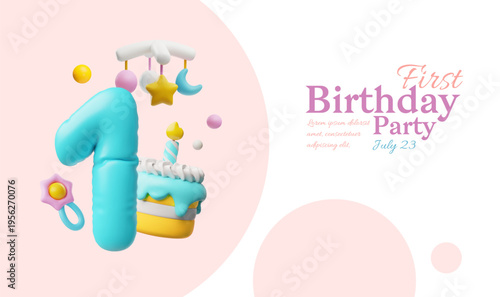 First Birthday party 3D cartoon plastic style festive invitation vector banner design, Baby shower cake with candle toys