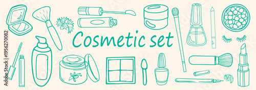 Hand Drawn Beauty and Cosmetics Doodle Collection – Makeup Tools, Skincare Elements, Brushes, Lipstick, Mascara, Perfume Line Art Vector Set. Vector Illustration