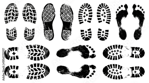 Textured Grunge Shoe Print and Footprint Vector Set: Muddy Tread Marks and Stamp Patterns