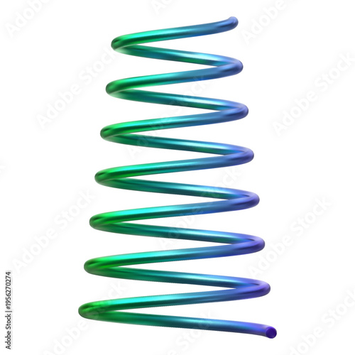 A futuristic, cone-shaped, anodized metal spring in green and blue.