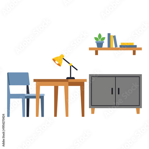 A minimalist flat vector illustration of a home office setup featuring a desk with a lamp, a chair, a cabinet, and a shelf with books and a plant