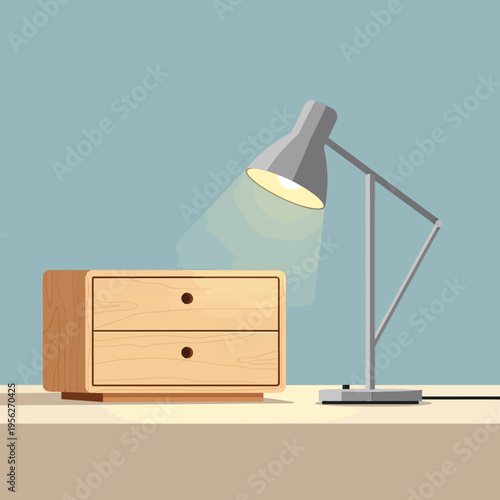 Minimalist bedside table with a modern adjustable desk lamp casting a warm glow on a tranquil, light blue background