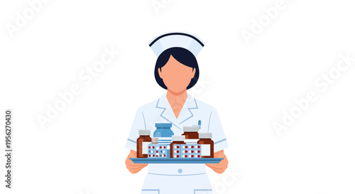 A nurse in uniform holding a tray with medication and vials, symbolizing healthcare and patient care