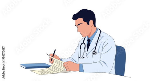 Focused healthcare professional in a lab coat writing on and examining important medical forms, illustrating a commitment to patient care and administrative duties