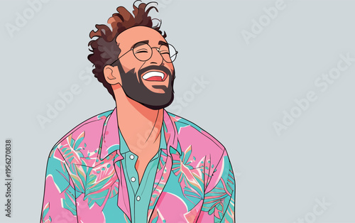 Man wearing a colorful shirt smiles joyfully with a light background during a casual summer day