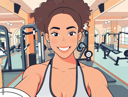 Smiling person takes selfie in gym while working out with fitness equipment in background during daytime