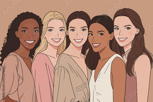 Five women stand close together smiling at the camera in a friendly setting during daytime