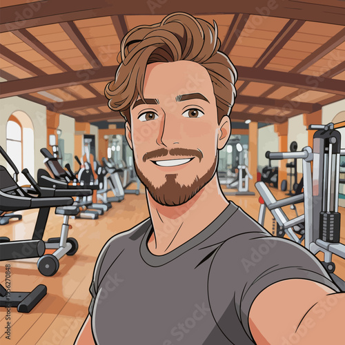 Man takes selfie in gym while smiling in a fitness center with exercise equipment during daytime