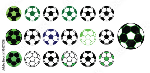 Set of soccer ball icons with different colors and styles for sports design