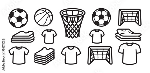 Sports equipment icons including soccer ball basketball hoop goal net and t shirts
