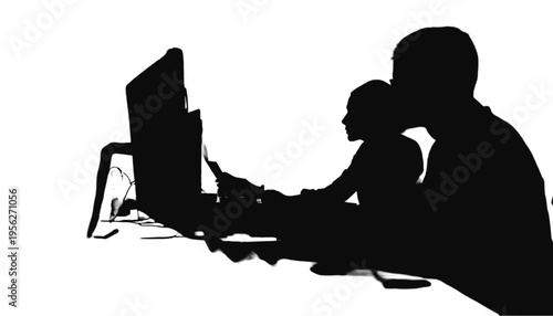 Two individuals are shown in dark silhouette working together closely side-by-side at a computer monitor.