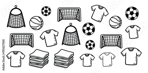 Outline icons of soccer balls basketball hoops goal nets shirts and stacked towels
