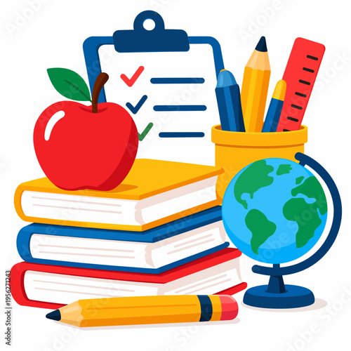 Colorful illustration of school supplies and books with a globe and clipboard checklist