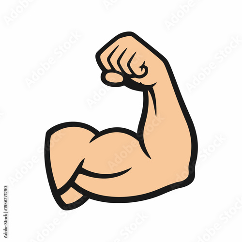 A cartoon illustration of a flexed bicep with a clenched fist showing off muscle strength and power in a comedic style