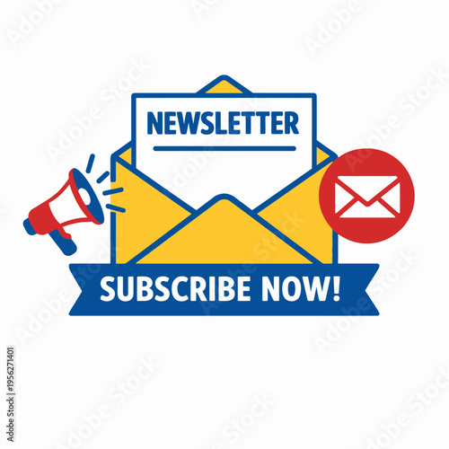 Newsletter subscription concept with megaphone and envelope on white background for marketing and communication