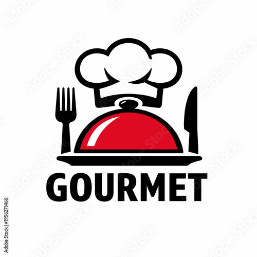 Gourmet food symbol with chef hat, fork, knife and plate