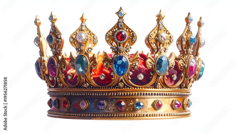 Fototapeta premium A close-up view of a detailed golden royal crown adorned with colorful jewels, set against a pristine white background