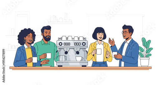 Coworkers Socializing Around Modern Coffee Maker