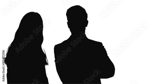 Silhouettes of a man and a woman stand side-by-side against a bright white background for dramatic contrast.