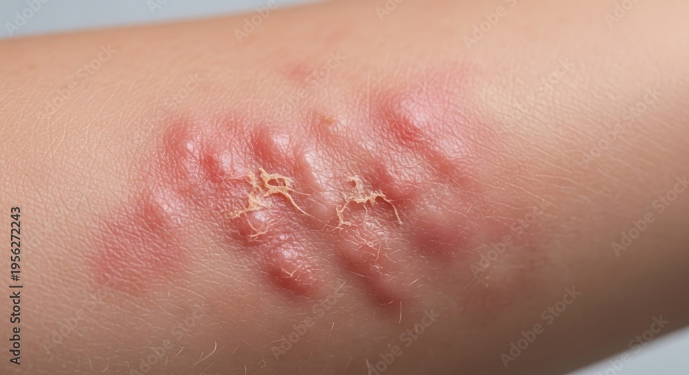 Fototapeta premium Close-up of inflamed human skin with red welts and a rash, possibly an allergic reaction or hives, showing irritation and some broken skin.