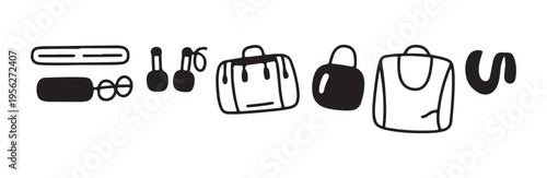 Set of simple doodle icons representing various travel and personal accessories for fitness