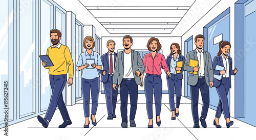 Happy Professionals Collaborating in Bright Corridor