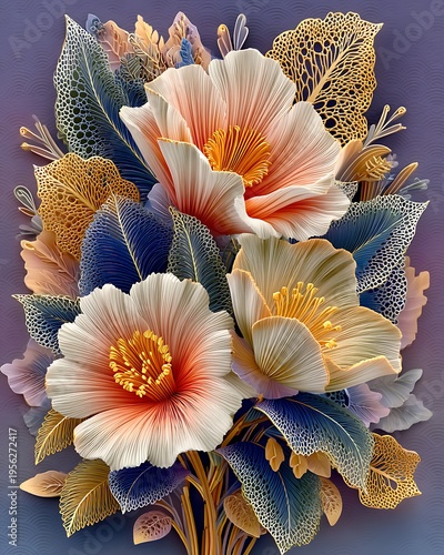Elegant layered floral artwork blue gold high resolution picture