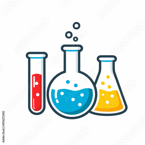 Colorful laboratory glassware with liquids and bubbles for science and chemistry concepts