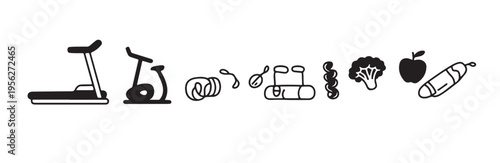 Visual representation of cardio machines jumping rope and healthy food items for exercise routine