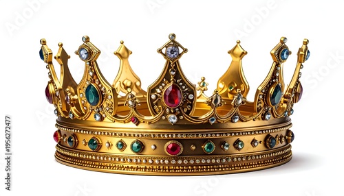 A close-up view of a regal golden crown, intricately embellished with colorful gemstones. The detailed design is against a pure white backdrop