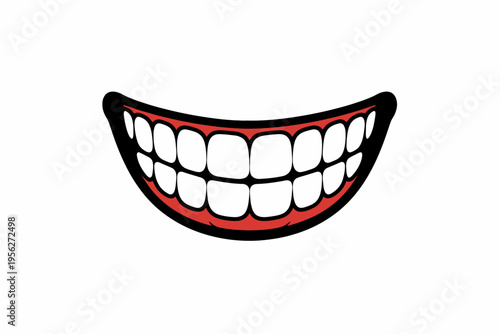 A cartoon illustration of a smiling mouth with white teeth and red gums on a white background, conveying happiness and friendliness.