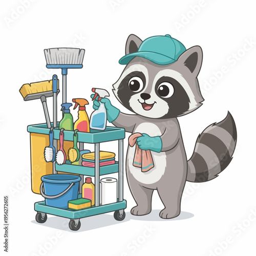 Cartoon raccoon with janitorial cleaning cart. Commercial cleaning service mascot. Flat design vector illustration