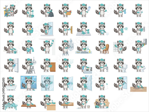 Raccoon mascot cleaning service character set. Cartoon vector illustration of professional housekeeping tasks. Collection of icons for janitorial and domestic cleaning. Isolated on white