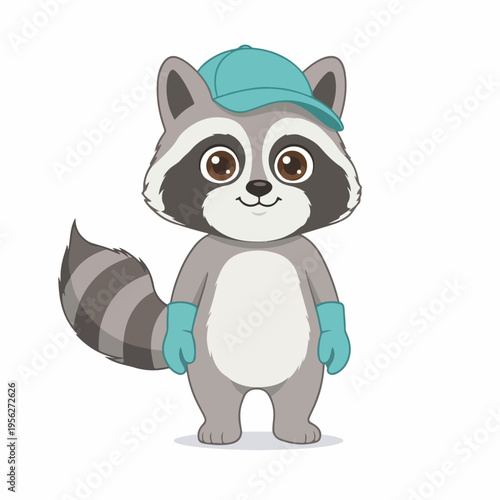 Raccoon cleaner mascot in uniform. Housekeeping and cleaning service concept. Flat design vector illustration