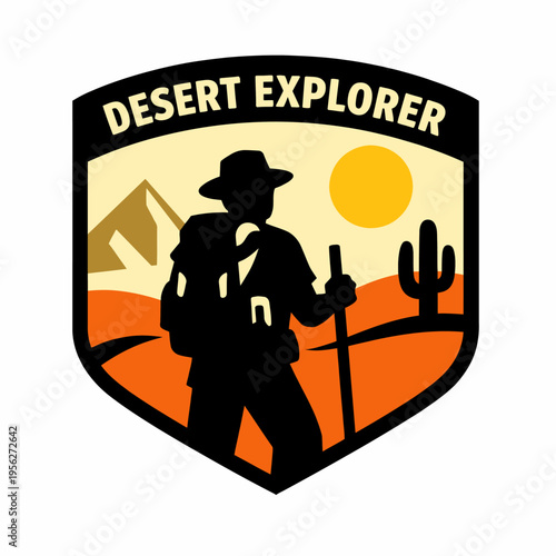 Desert explorer silhouette with backpack and walking stick in desert landscape with cactus and mountain range at sunset