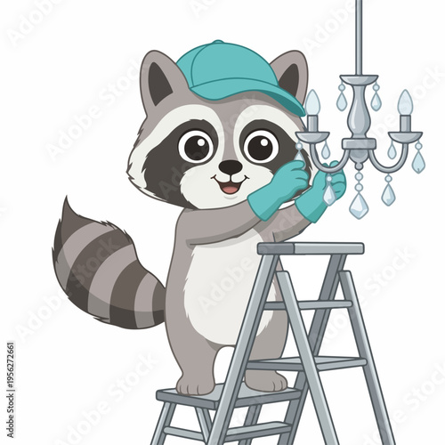 Cartoon raccoon on stepladder cleaning crystal chandelier. Housekeeping mascot character in flat design. Vector illustration isolated on white background