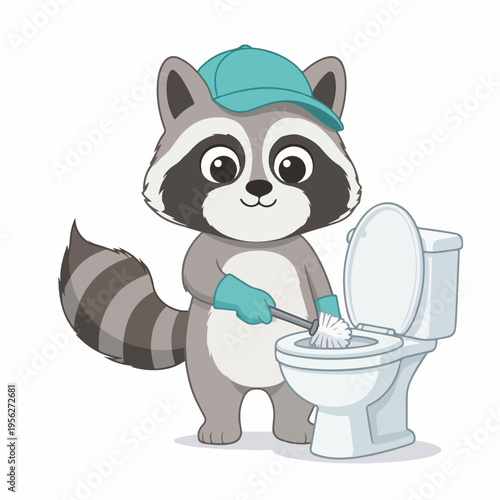 Cartoon raccoon cleaning a toilet bowl with a brush. Bathroom sanitation and housework concept. Flat design vector illustration