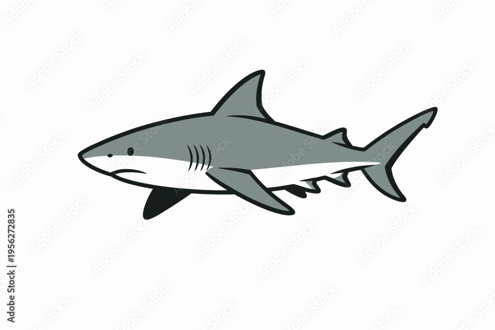 Fototapeta premium A cartoon illustration of a gray shark with a white underbelly swimming on a plain white background