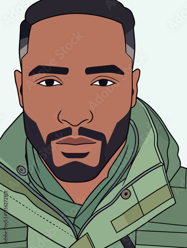 Man with a beard in green jacket looks directly at viewer with serious expression during daylight hours