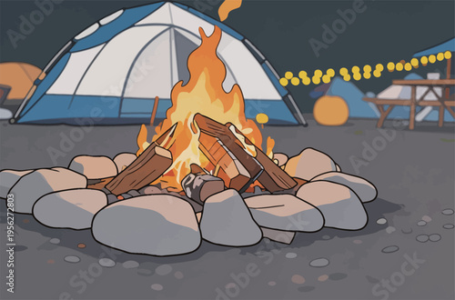 Campfire burns brightly at night in a campsite with tents and string lights nearby creating a warm gathering place for friends