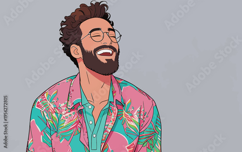 Man wearing a colorful shirt laughs with a light gray background during a sunny day in summer