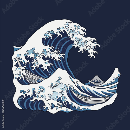 Famous wave design shows boats on ocean with mountains in background during daytime with blue colors